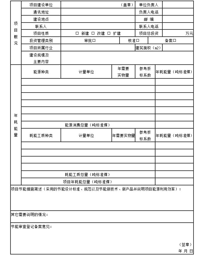 固定资产投资项目节能登记表